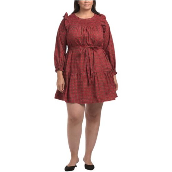 LEA Plus Blackwatch Plaid Smocked Top Mini Dress - Picture 1 of 3